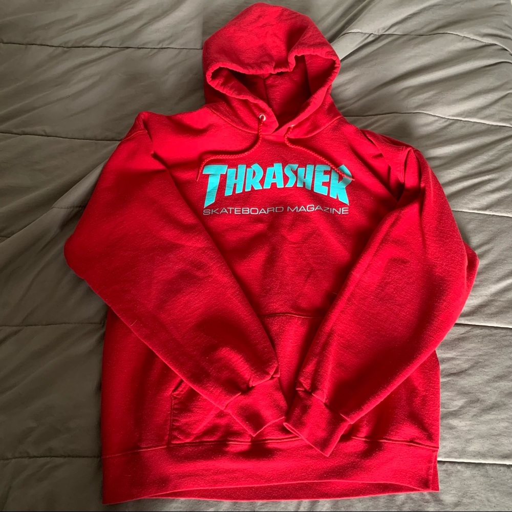 red + cyan thrasher hoodie